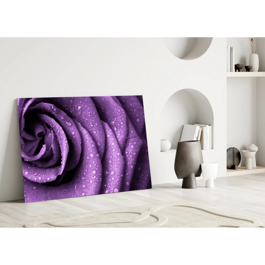 Vibrant dewy purple rose glass wall art canvas print in minimalist room