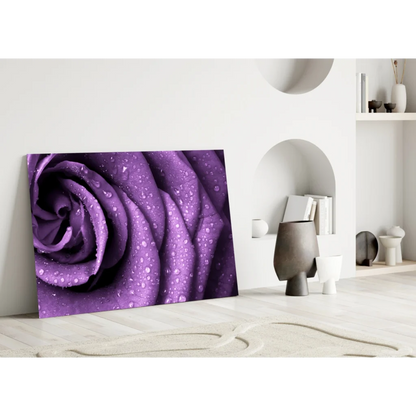Vibrant dewy purple rose glass wall art canvas print in minimalist room