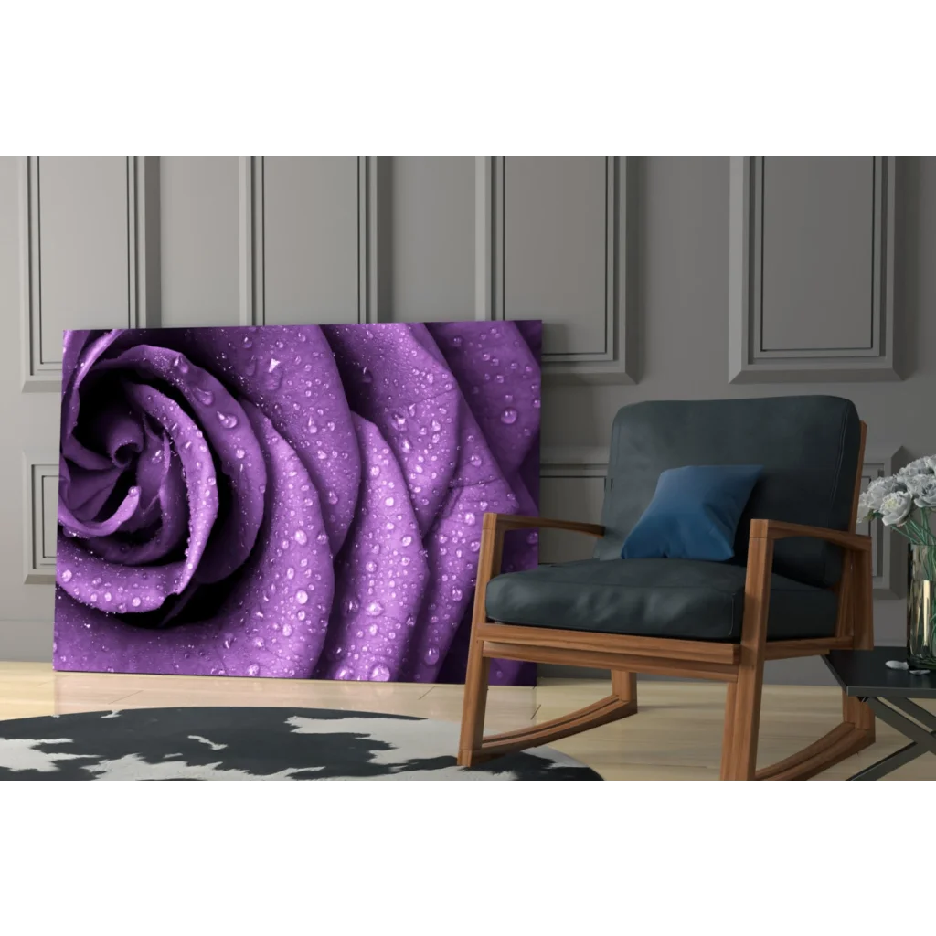 Vibrant purple rose glass wall art with dew drops on petals
