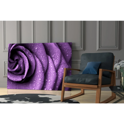 Vibrant purple rose glass wall art with dew drops on petals