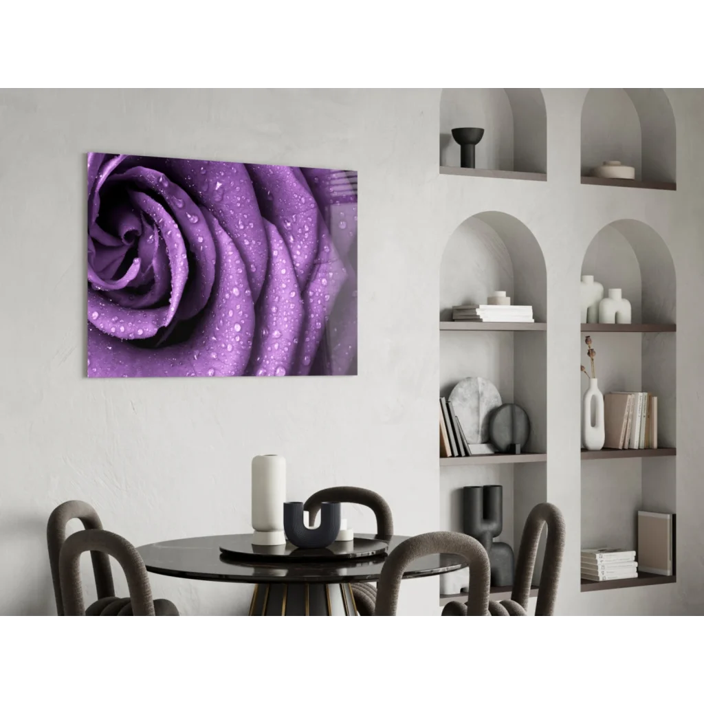 Vibrant purple rose with dewy droplets in glass wall art print