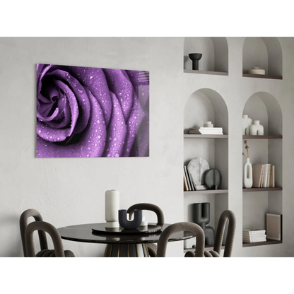 Vibrant purple rose with dewy droplets in glass wall art print