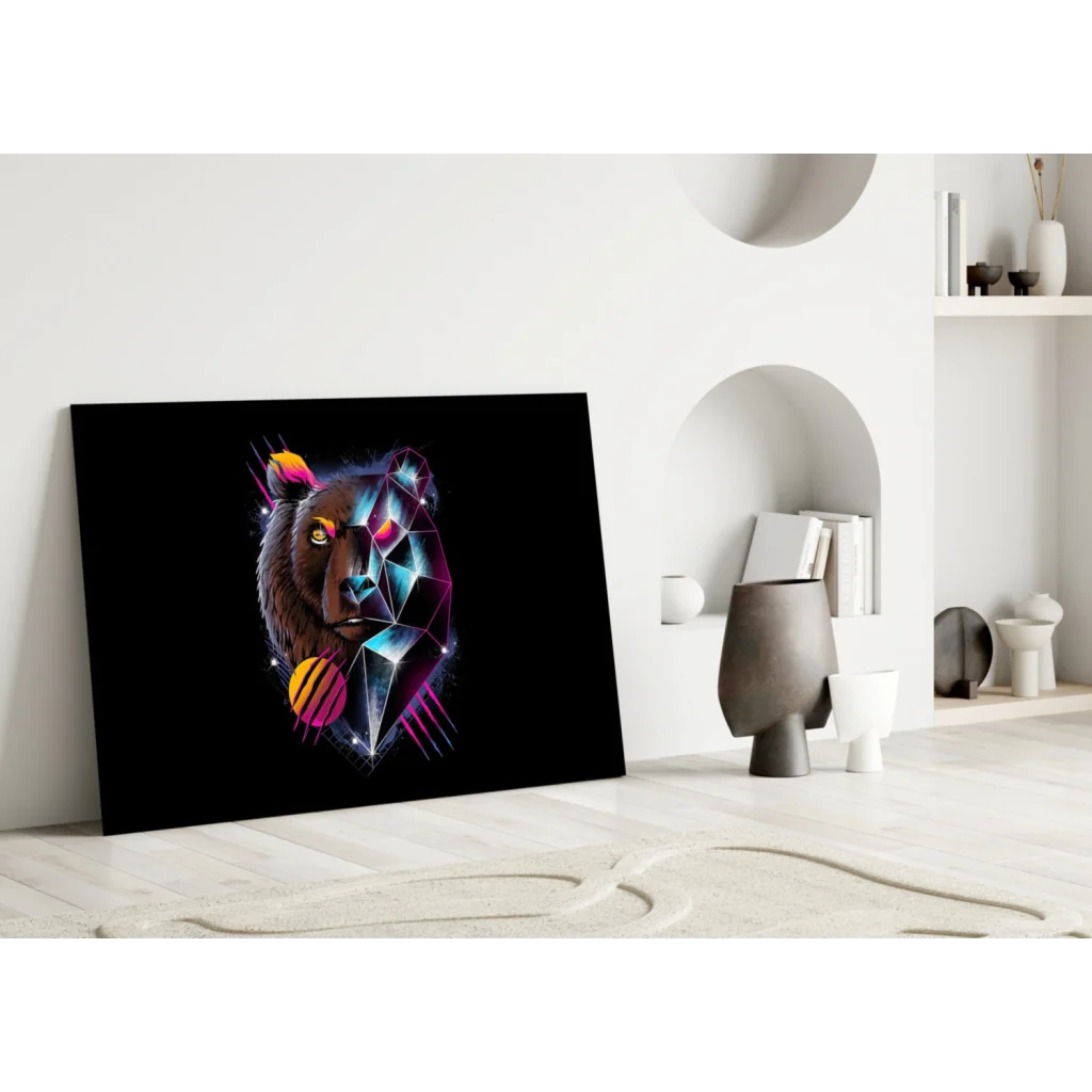 Neon Bear Geometric Glass Wall Art Canvas | Modern Wall Art Decor | vintageantiquesgifts.com