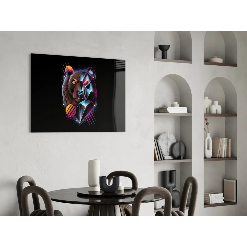 Neon Bear Geometric Glass Wall Art Canvas with vibrant pink, blue, yellow accents on black