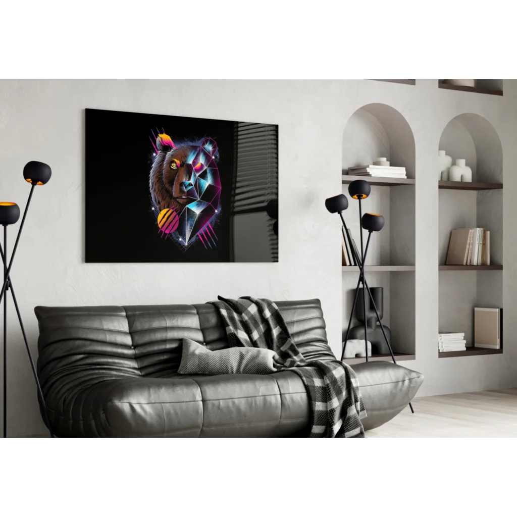 Neon Bear Geometric Glass Wall Art Canvas | Contemporary Home Wall Art | vintageantiquesgifts.com