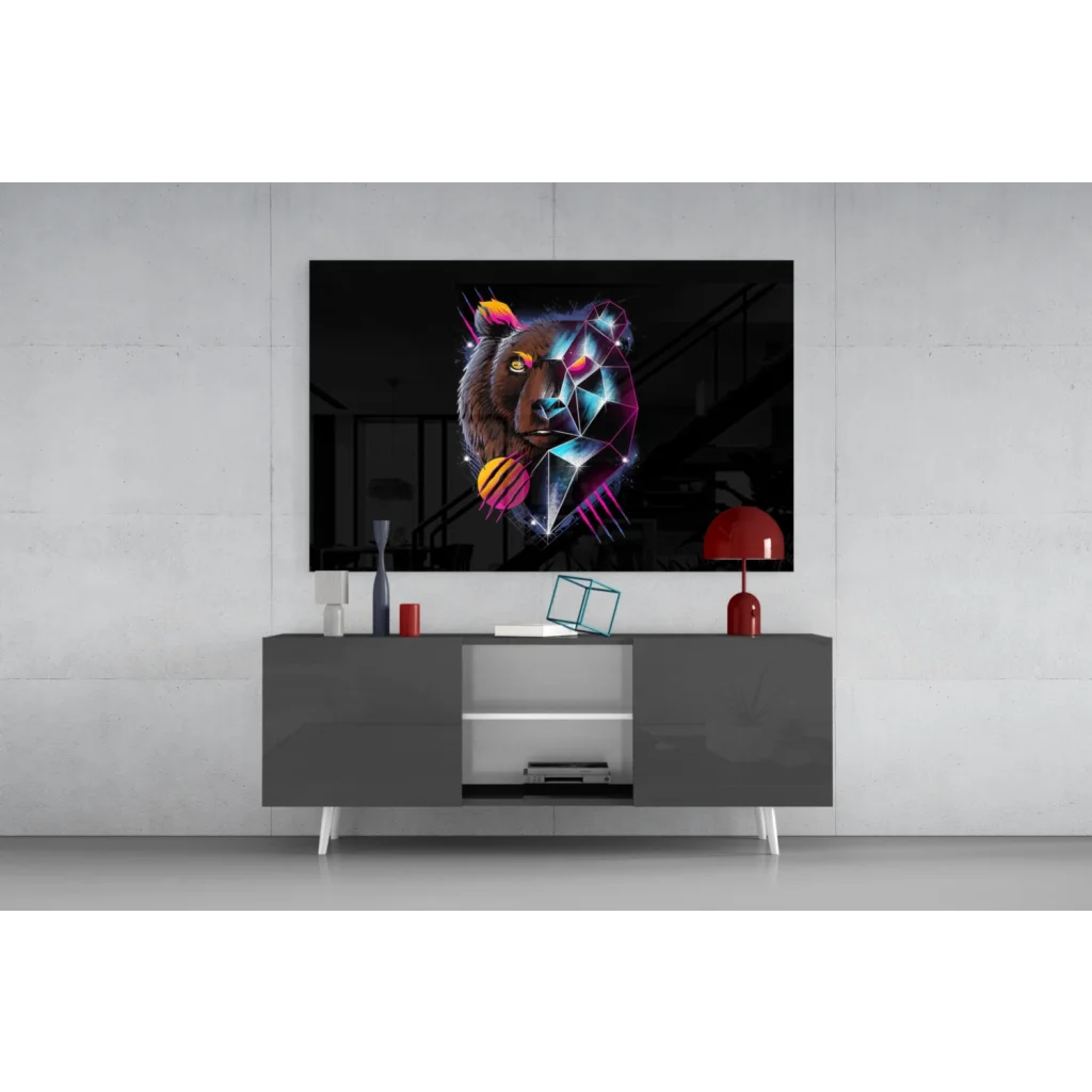Vibrant neon bear geometric glass wall art canvas in pink and blue facets