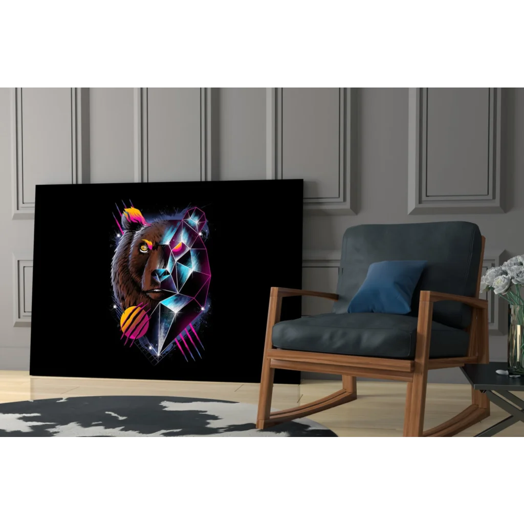 Vibrant neon bear geometric glass wall art canvas portrait