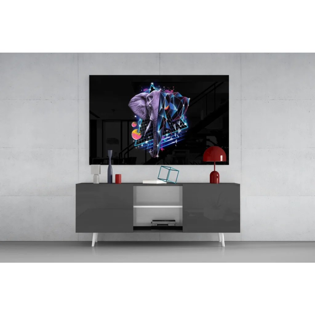 Vibrant neon geometric elephant glass wall art print