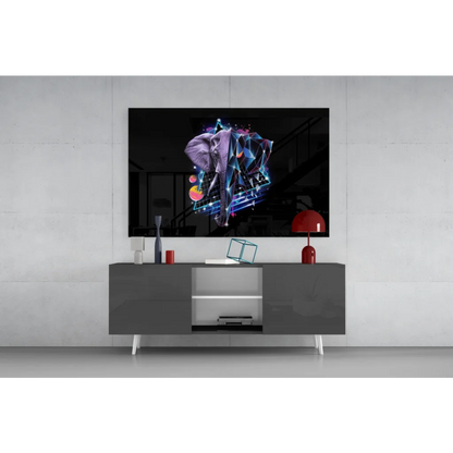 Vibrant neon geometric elephant glass wall art print
