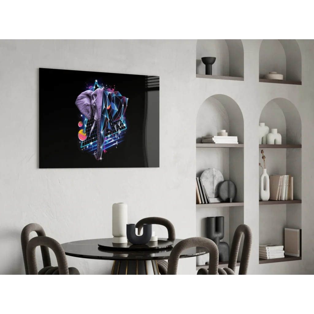 Sleek purple neon geometric elephant glass wall art print