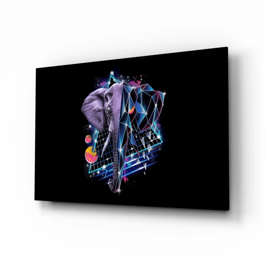 Neon Geometric Elephant Glass Wall Art Print | Insigneart USA | vintageantiquesgifts.com