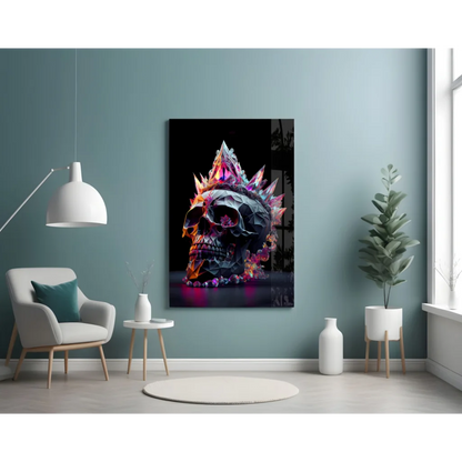 Vibrant geometric skull in Crystal Crowned glass wall art with neon glow