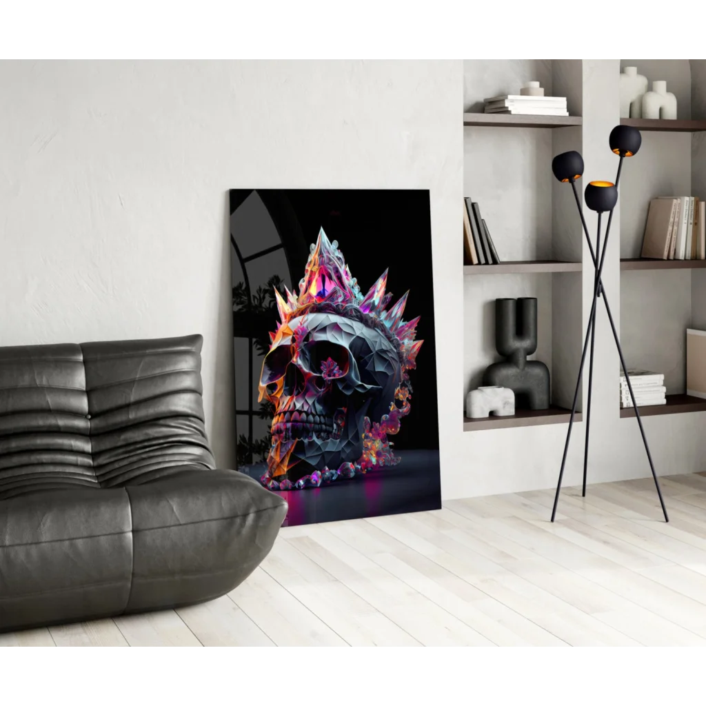 Vibrant geometric skull glass wall art with crystalline crown and neon glow