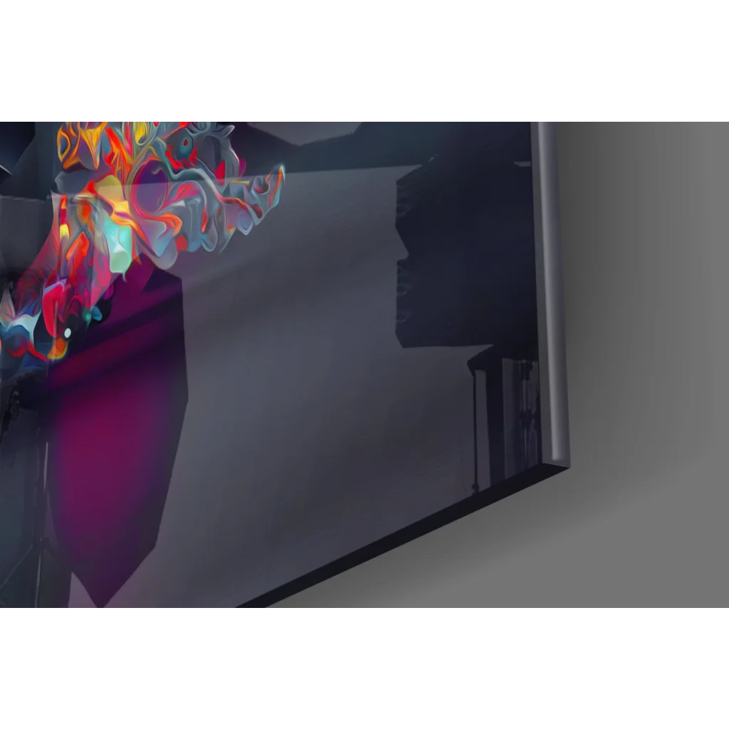 Vibrant Crystal Crowned Skull glass wall art with neon glow on sleek TV