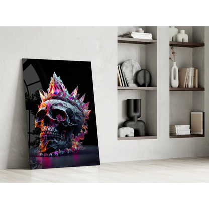 Vibrant crystal crowned skull glass wall art with neon pink purple glow