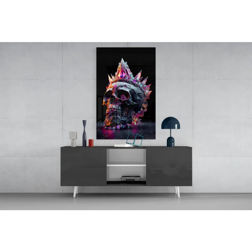 Crystal crowned skull glass wall art with neon pink orange glow
