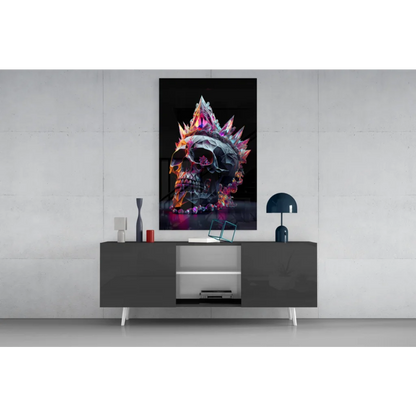 Crystal crowned skull glass wall art with neon pink orange glow