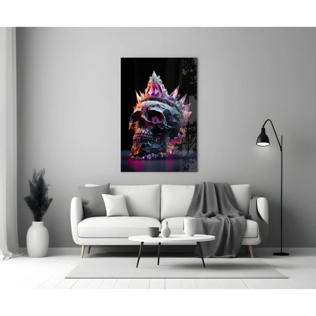 Vibrant crystal crowned skull glass wall art with neon pink purple glow
