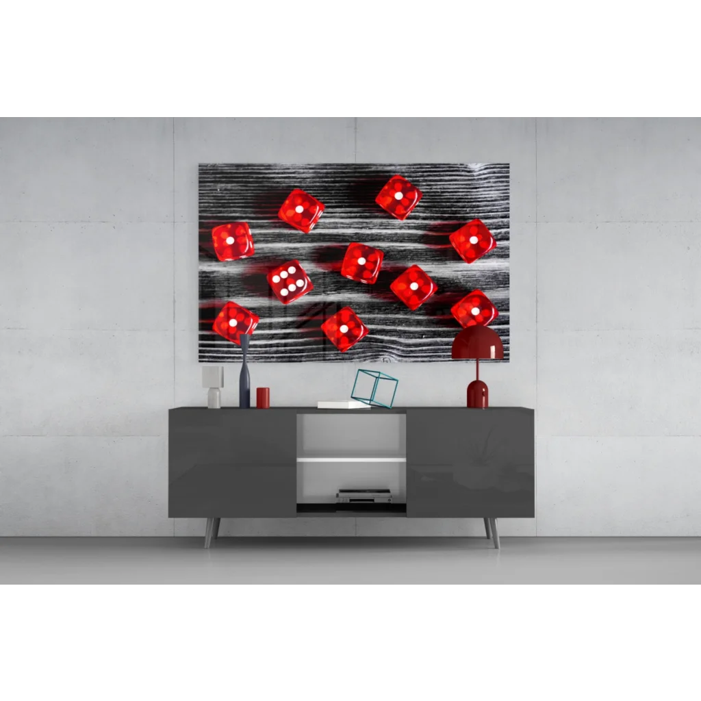 Red translucent acrylic dice glass wall art on black wood panel