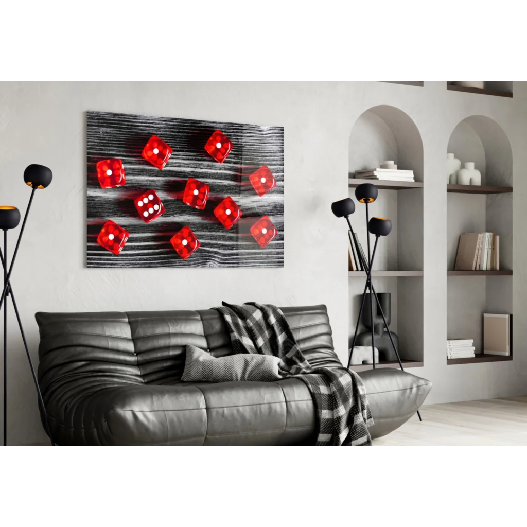 Red translucent dice glass wall art on black wood panel