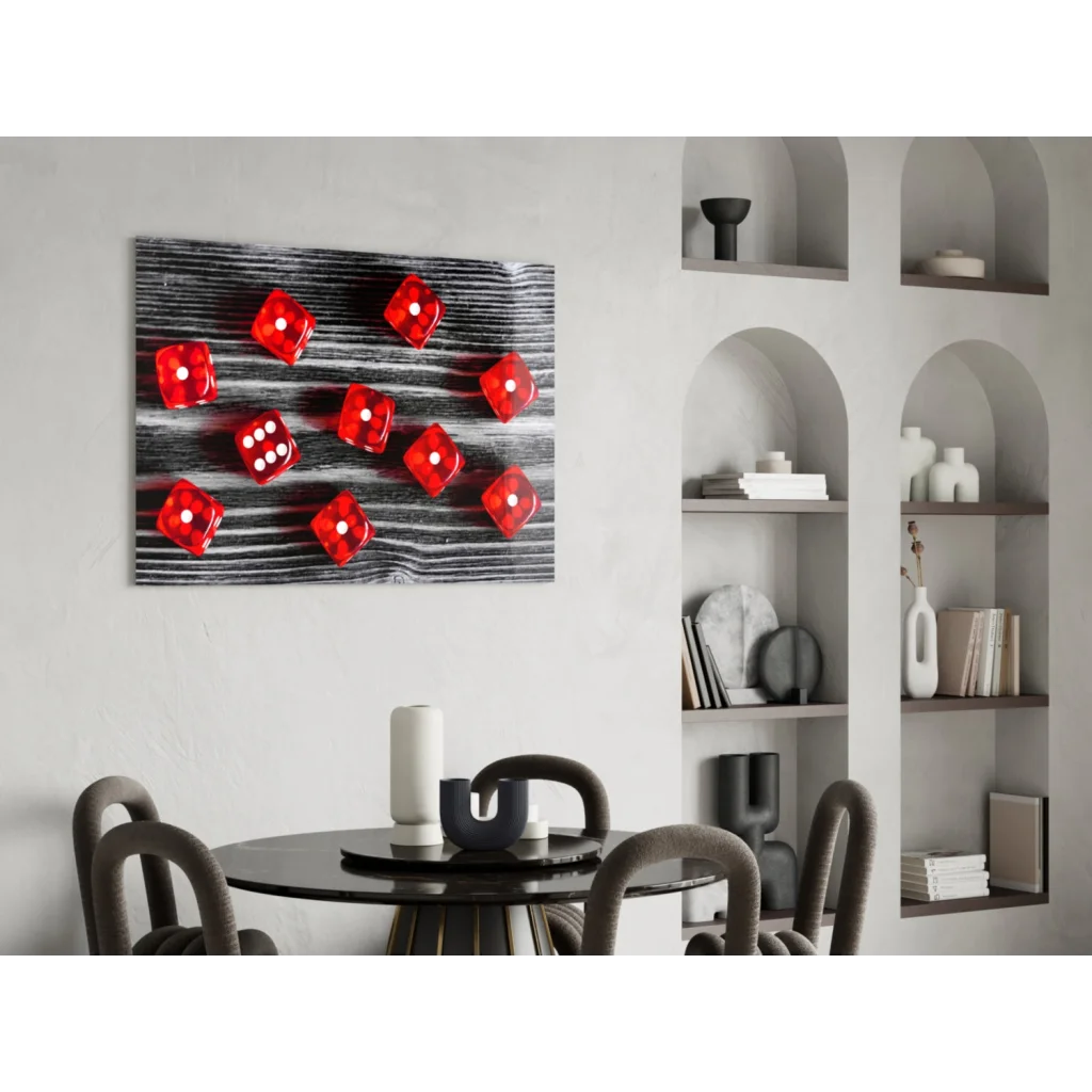 Red translucent dice glass wall art on black wood panel