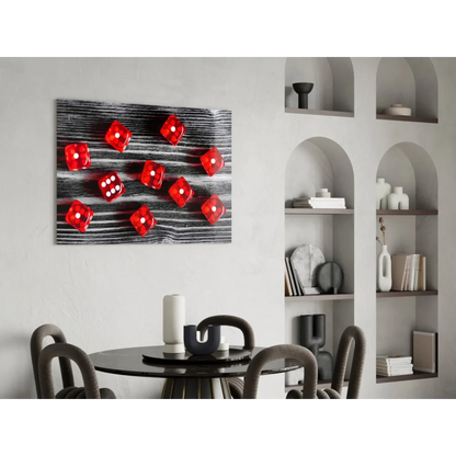 Red translucent dice glass wall art on black wood panel