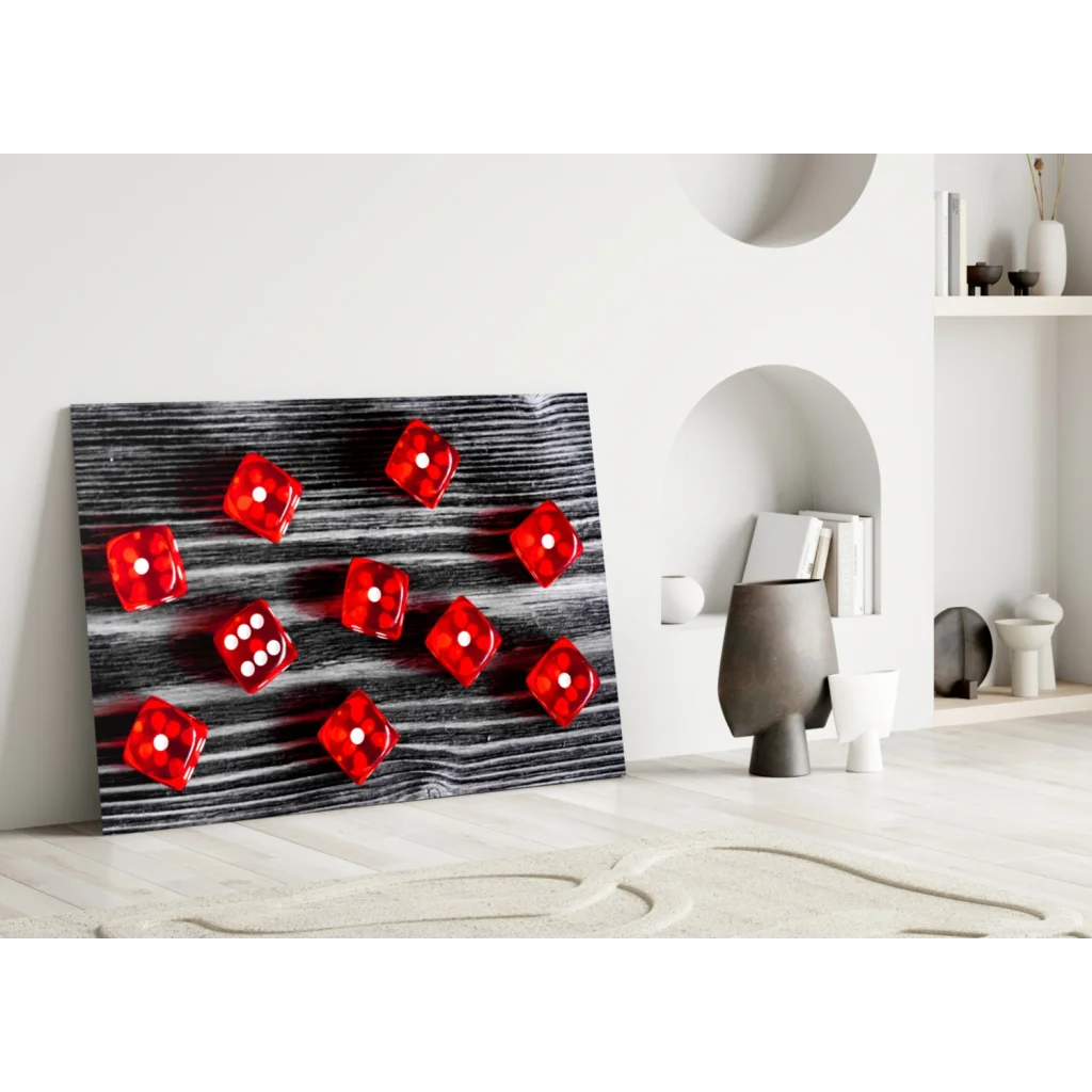 Red translucent dice in glass wall art on black wood panel