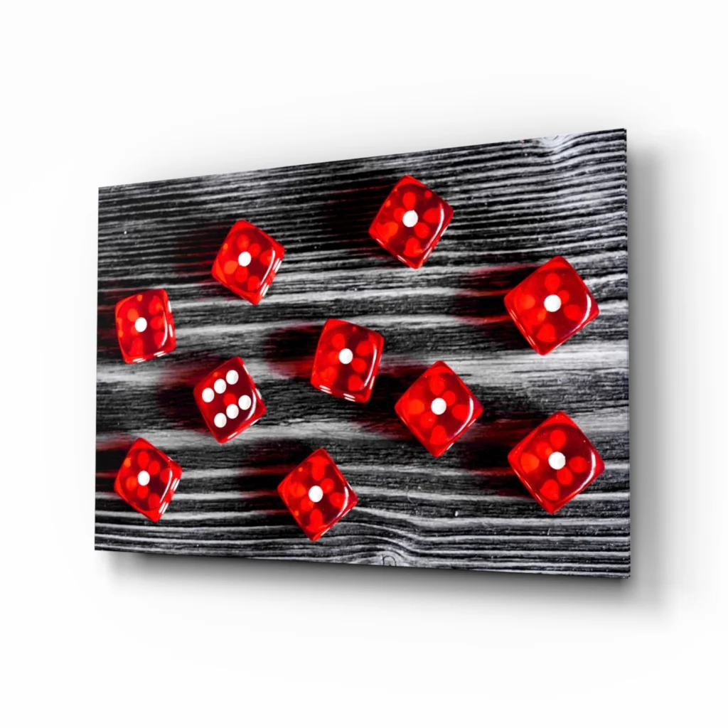Red translucent dice glass wall art on black wood panel