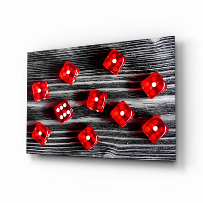 Red translucent dice glass wall art on black wood panel