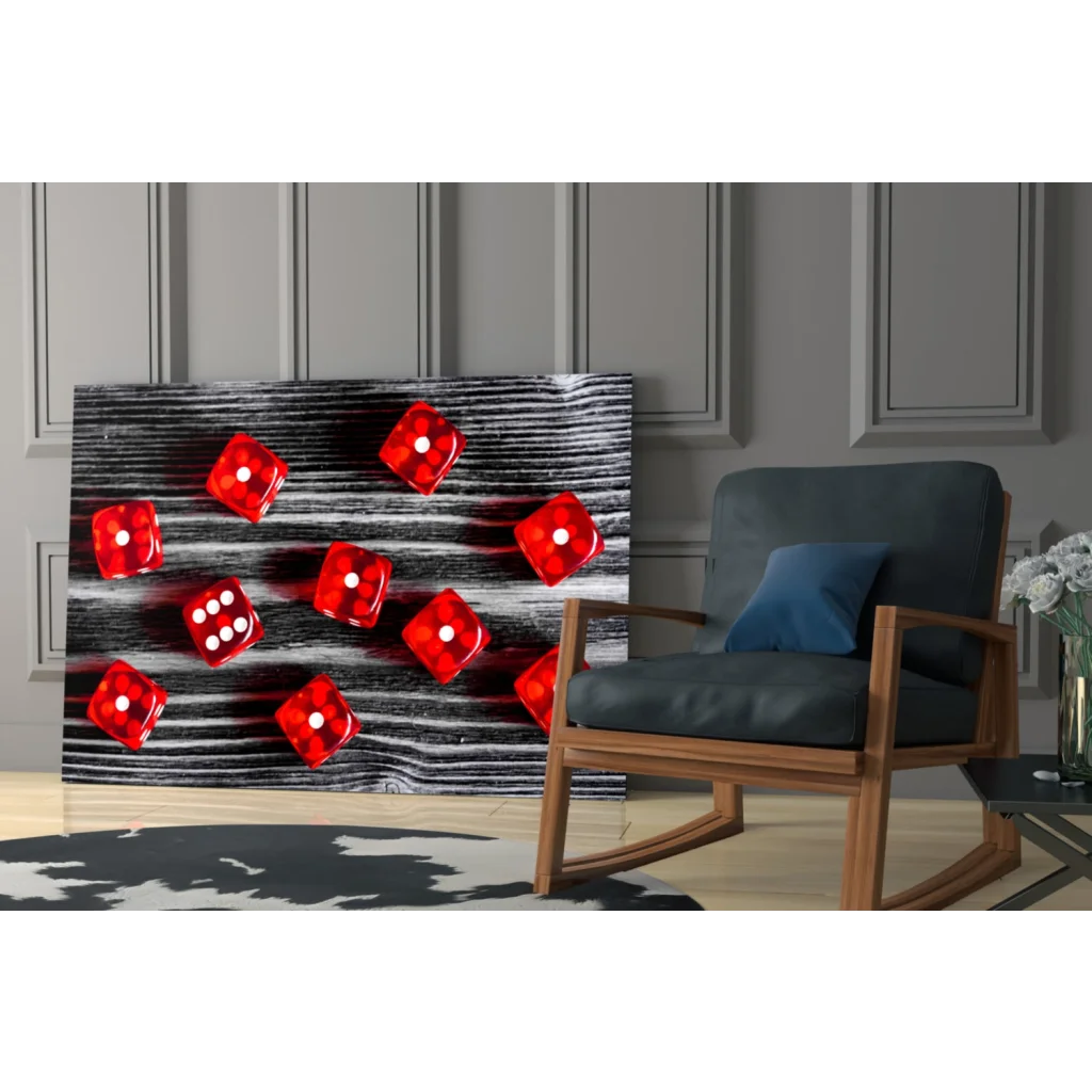 Vibrant red dice glass wall art on black wood panel