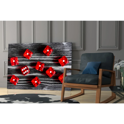 Vibrant red dice glass wall art on black wood panel