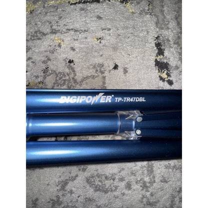 Blue metallic Digipower tripod with white branding and model number