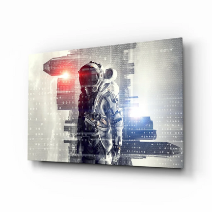 Sleek silver astronaut in futuristic glass wall art with digital glow