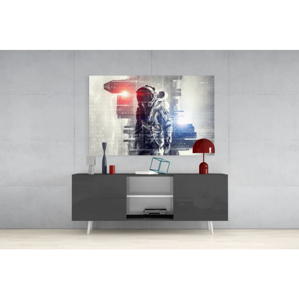 Futuristic astronaut in glowing glass wall art with digital cityscape
