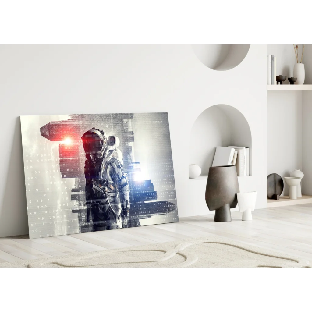 Futuristic astronaut glass wall art with glowing digital cityscape