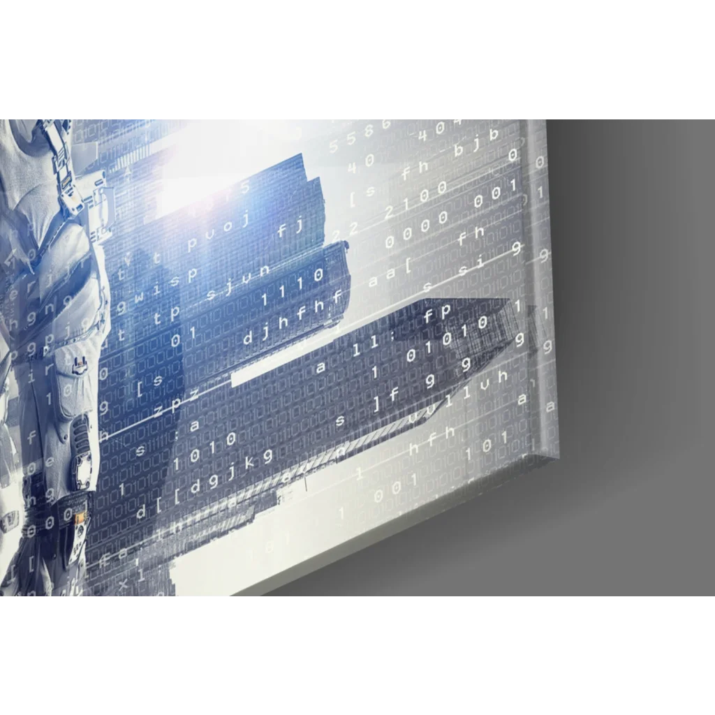 Futuristic astronaut glass wall art with glowing digital cityscape