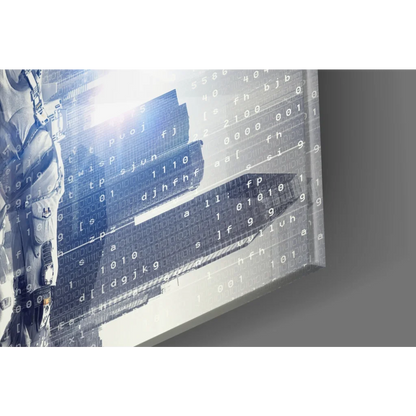 Futuristic astronaut glass wall art with glowing digital cityscape