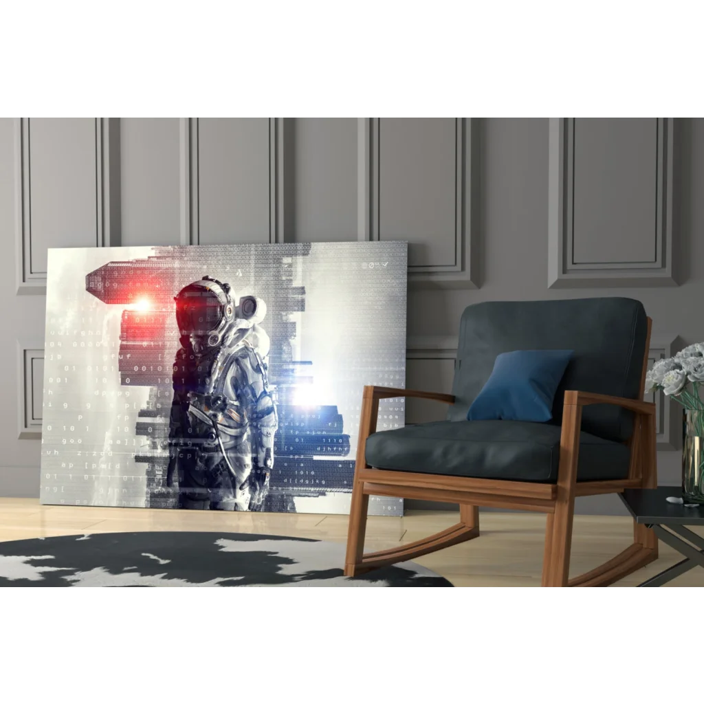 Futuristic astronaut glass wall art with digital cityscape glow