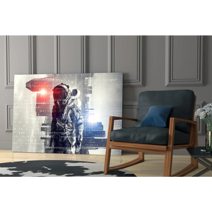 Futuristic astronaut glass wall art with digital cityscape glow