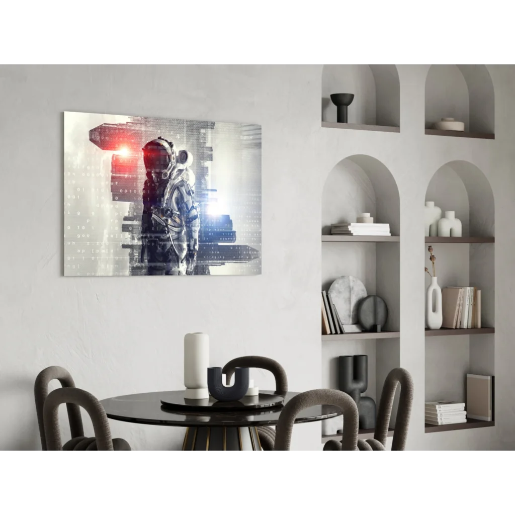 Futuristic astronaut glass wall art with glowing digital cityscape