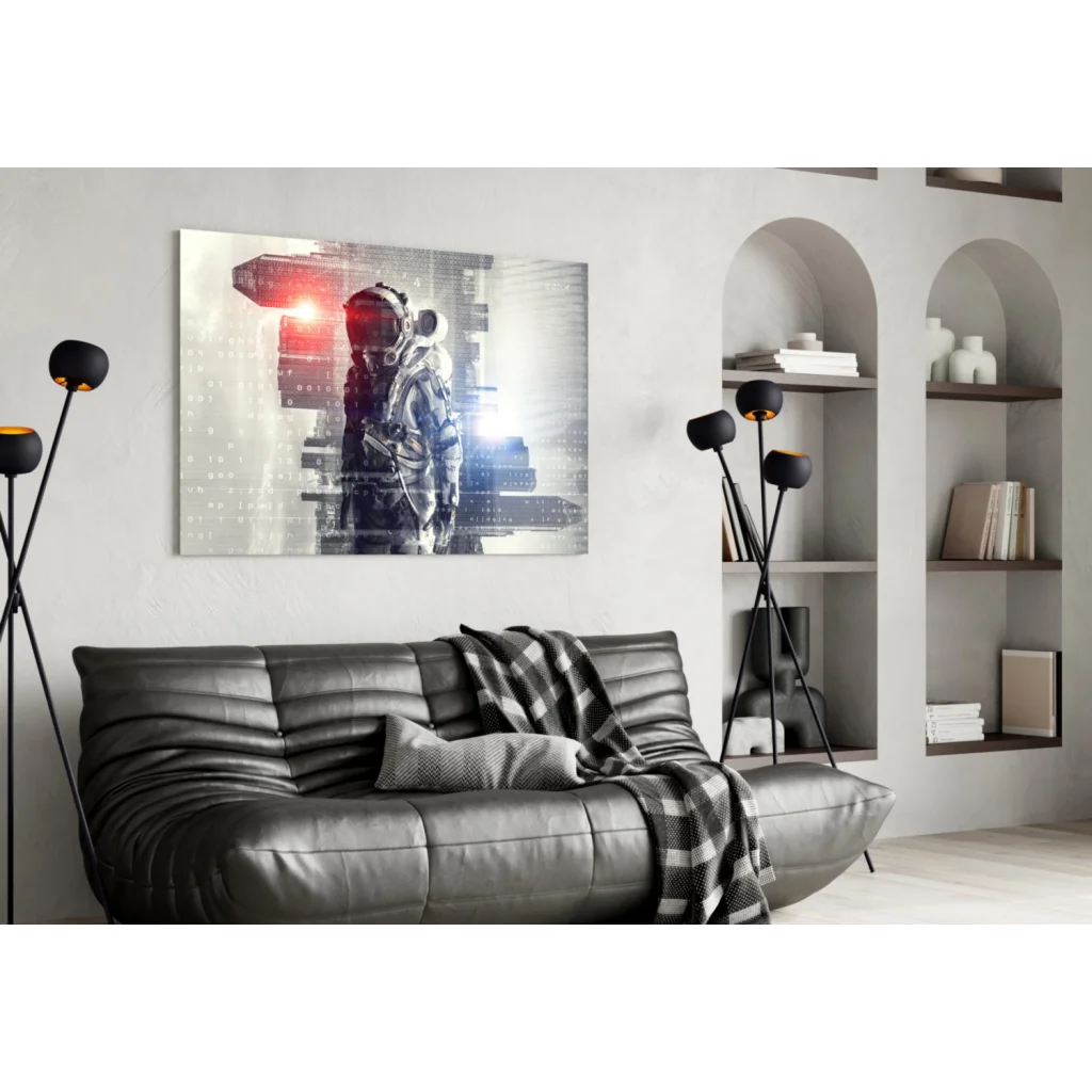 Sleek gray leather sofa with plaid blanket and futuristic glass wall art glow