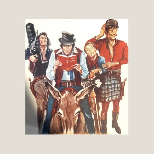 Artistic illustration of armed characters and a donkey in Western style for vintage poster