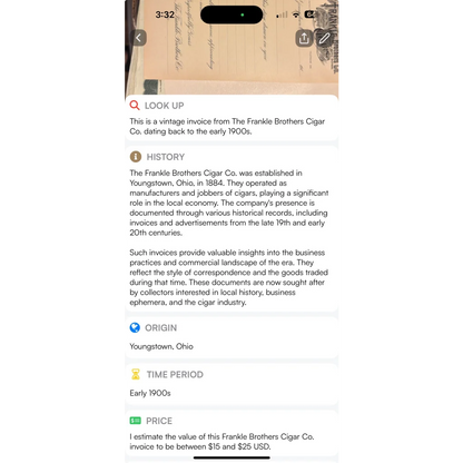 Vintage 1910s Frankle Brothers Cigar Co. invoice, a rare antique vintage find