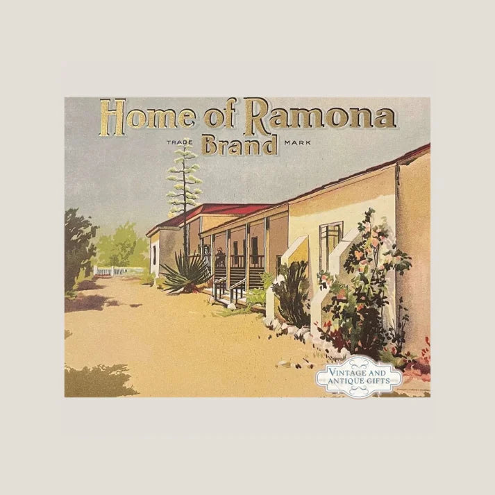 Vintage postcard of Ramona building featuring Spanish architecture and blooming plants