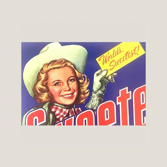 Vintage Sweetose ad with a cowgirl in a white hat and red checkered shirt