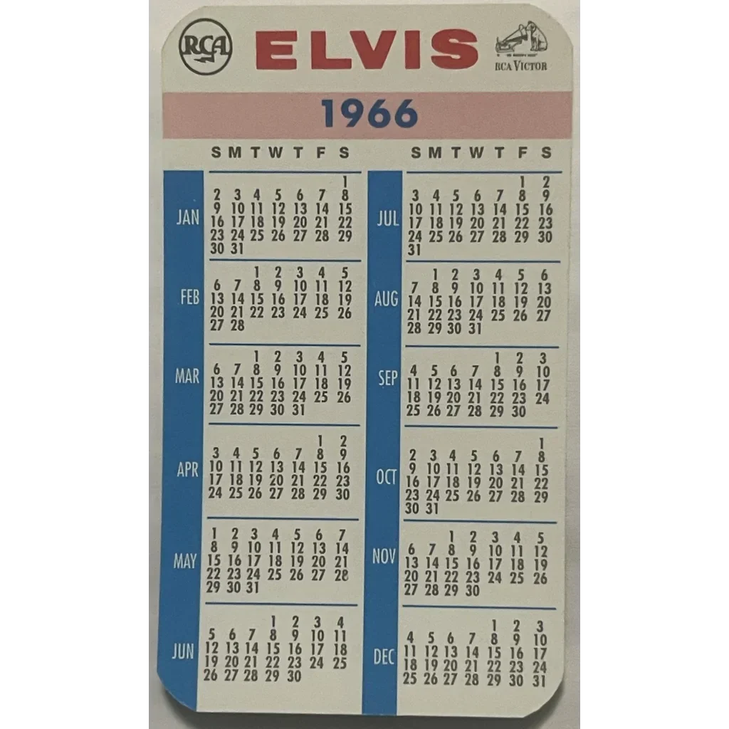 Vintage 1966 calendar card featuring Elvis Presley and the RCA logo from promo book