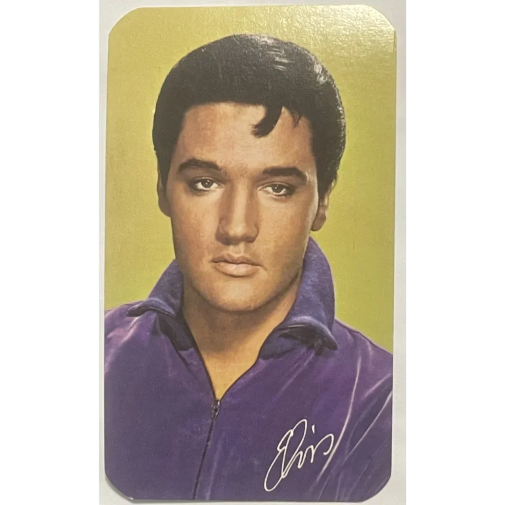 Young man in purple shirt on yellow background promoting Elvis Presley cards in promo book