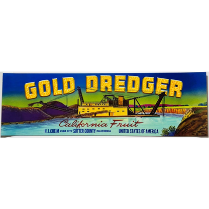 Vintage 1950s Gold Dredger fruit crate label showcasing Yuba City charm