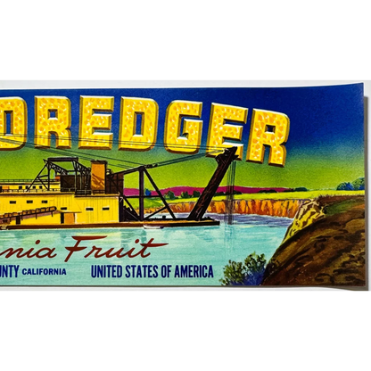 Vintage Yuba City gold dredger illustration from 1950s gold dredging crate label