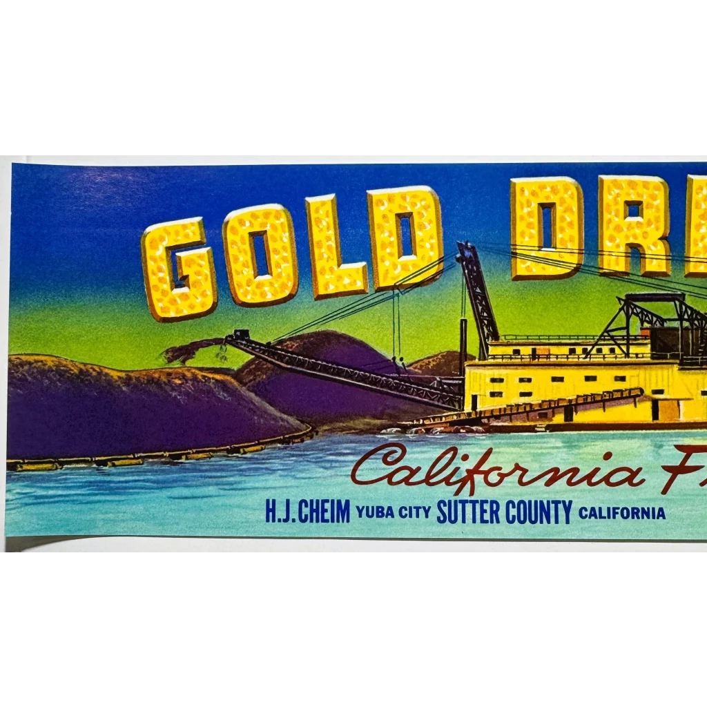Vintage gold dredger illustration on Yuba City 1950s gold crate label